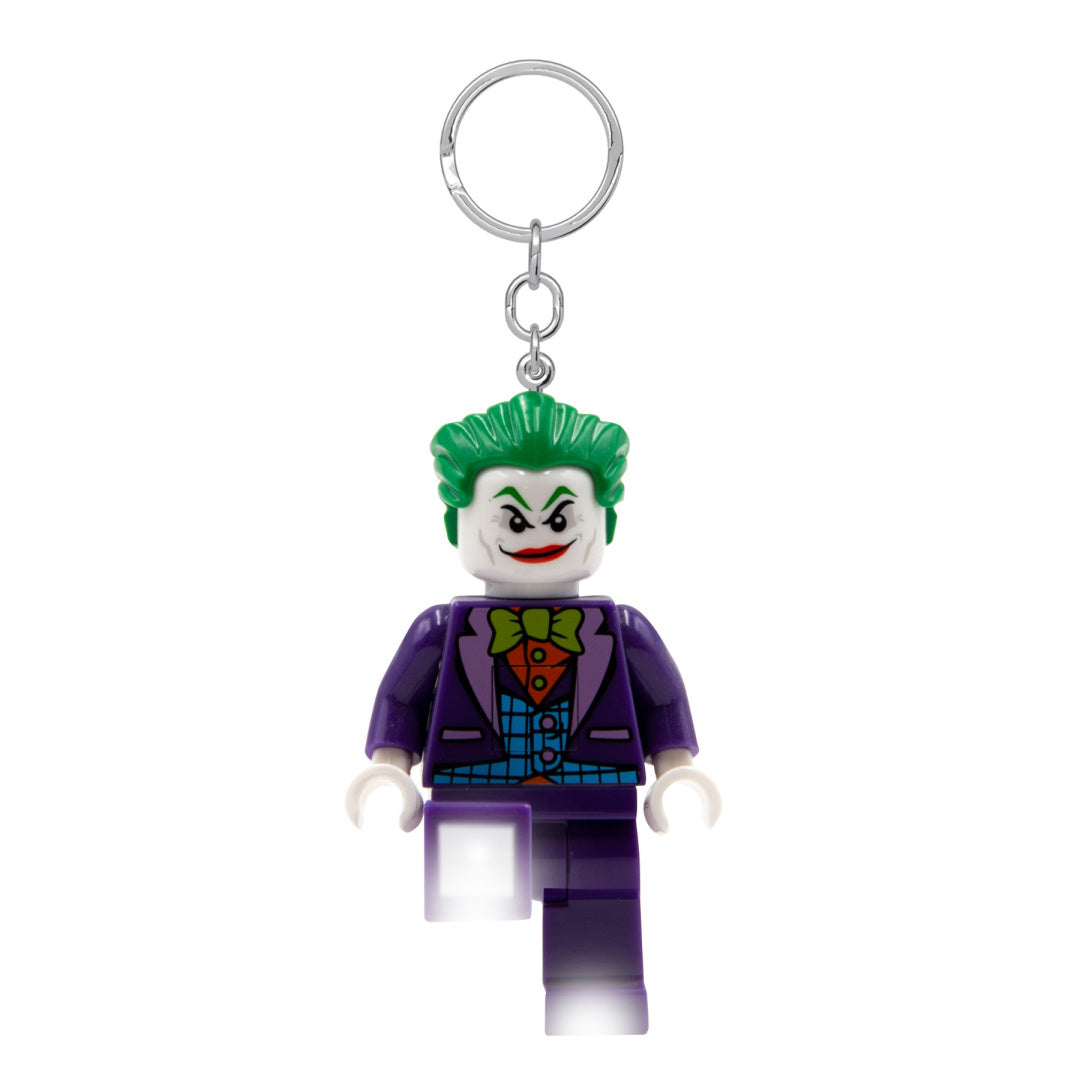 brelok LEGO Joker z latarką w kształcie figurki z zielonym włosami i fioletowym garniturem