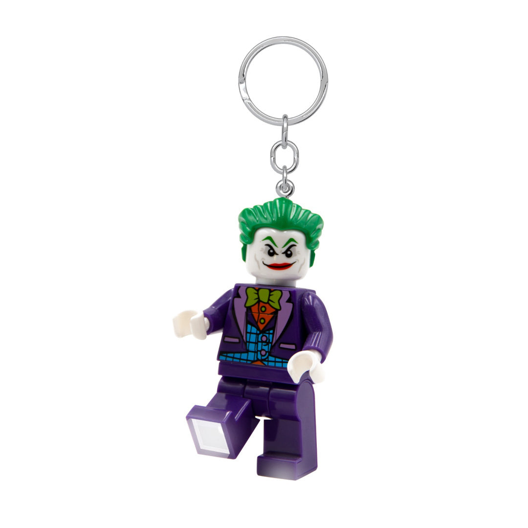 brelok LEGO Joker z latarką w formie figurki z zielonymi włosami i fioletowym garniturem