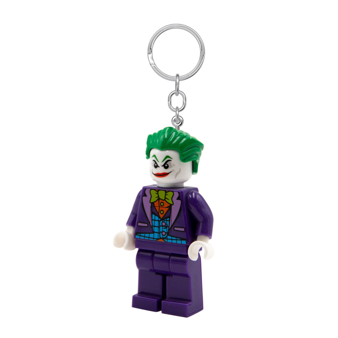 brelok LEGO Joker z latarką w kształcie figurki z zielonymi włosami i fioletowym garniturem