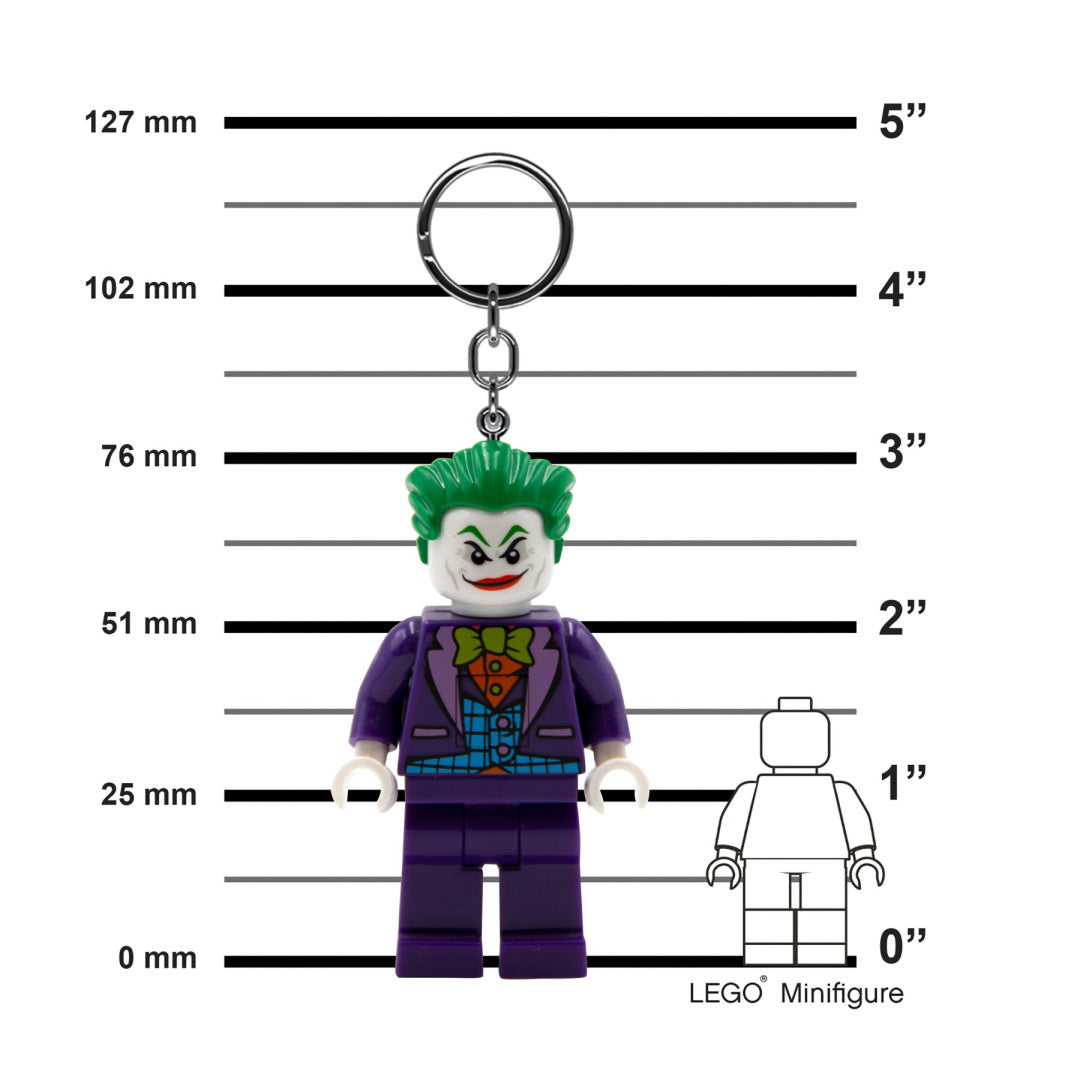 brelok LEGO Joker z latarką przedstawiający mini figurkę Jokera z zielonymi włosami i fioletowym garniturem