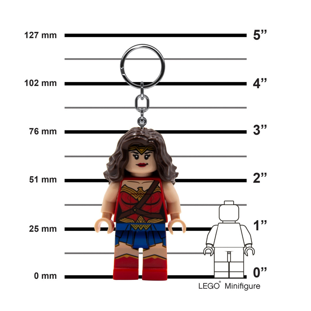 Brelok Wonder Woman LEGO w formie minifigurki z charakterystycznym strojem i kołem do kluczy