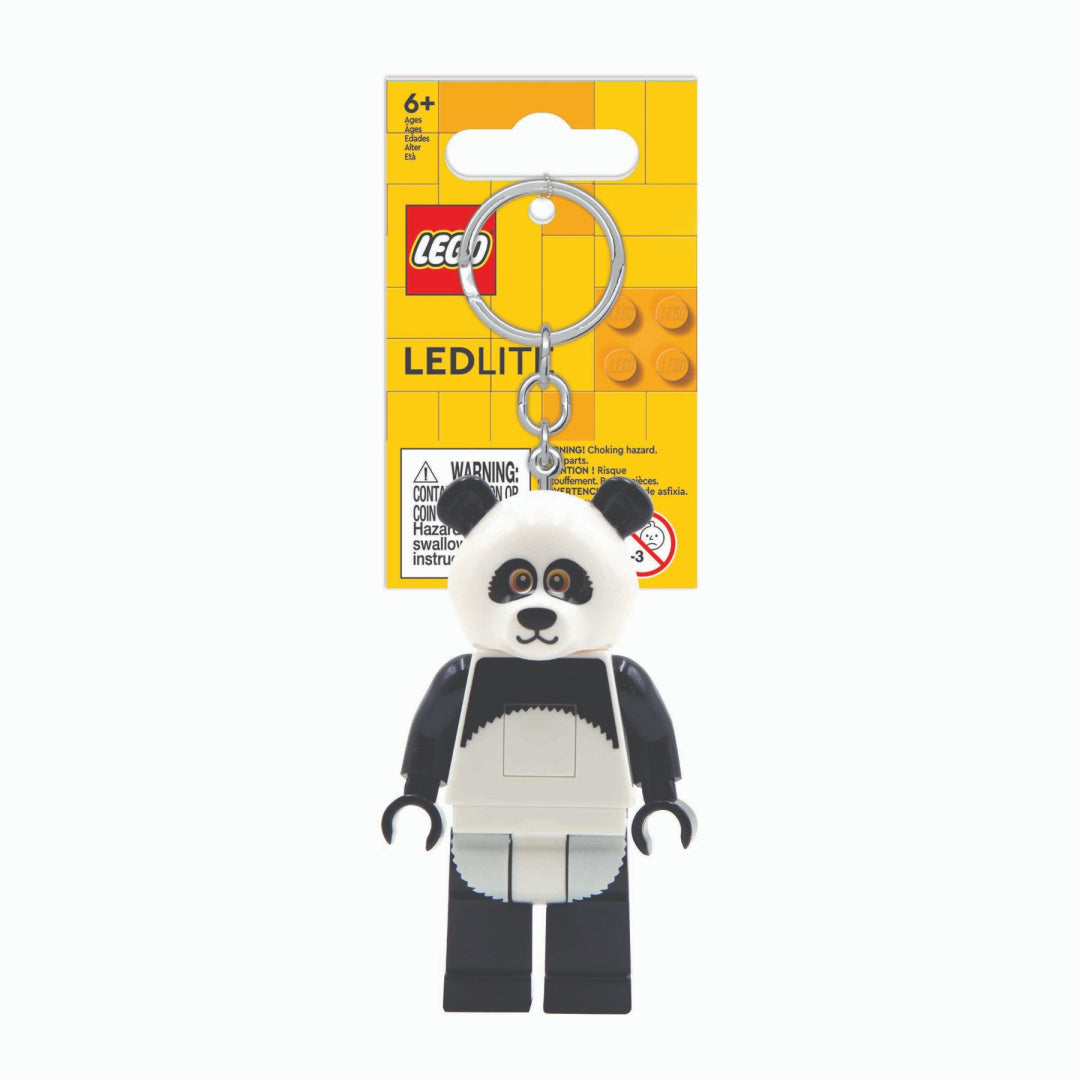 Brelok LEGO panda przypominający figurkę pandy z metalowym kółkiem do kluczy
