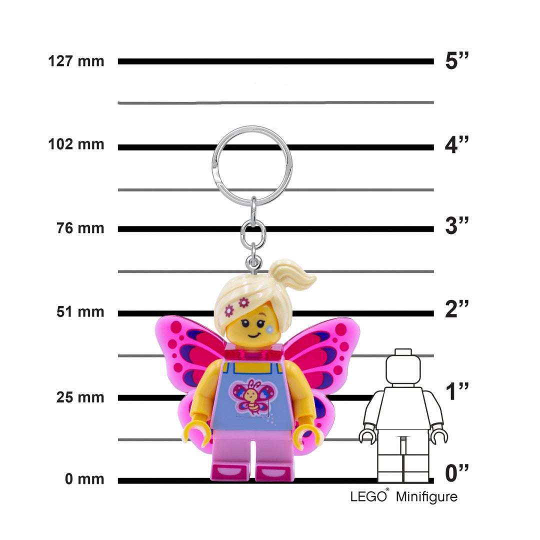brelok z latarką LEGO motylek z różowymi skrzydłami i blond włosami na kółku do kluczy