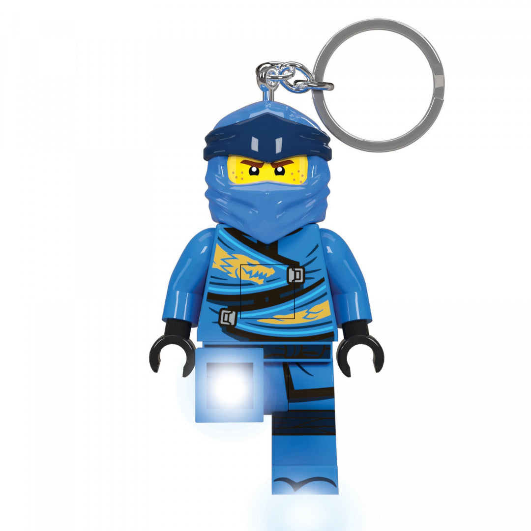 Brelok z latarką LEGO Ninjago Jay w niebieskim stroju ninja z symbolem smoka i jasnym światłem