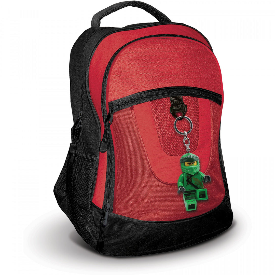 Czarny i czerwony plecak z brelokiem z latarką LEGO Ninjago w kształcie zielonej minifigurki