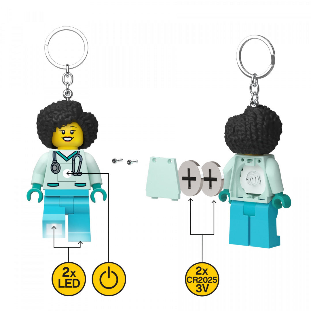 brelok LEGO z latarką w kształcie figurki lekarza z afro i niebieskim uniformem