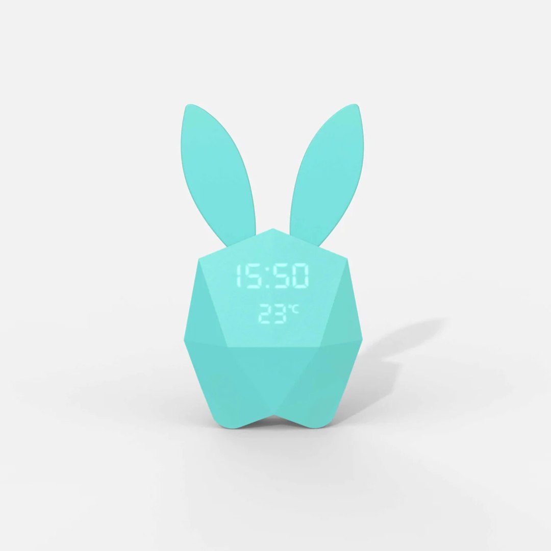 Budzik dla dzieci z lampką nocną w kształcie króliczka w kolorze turkusowym