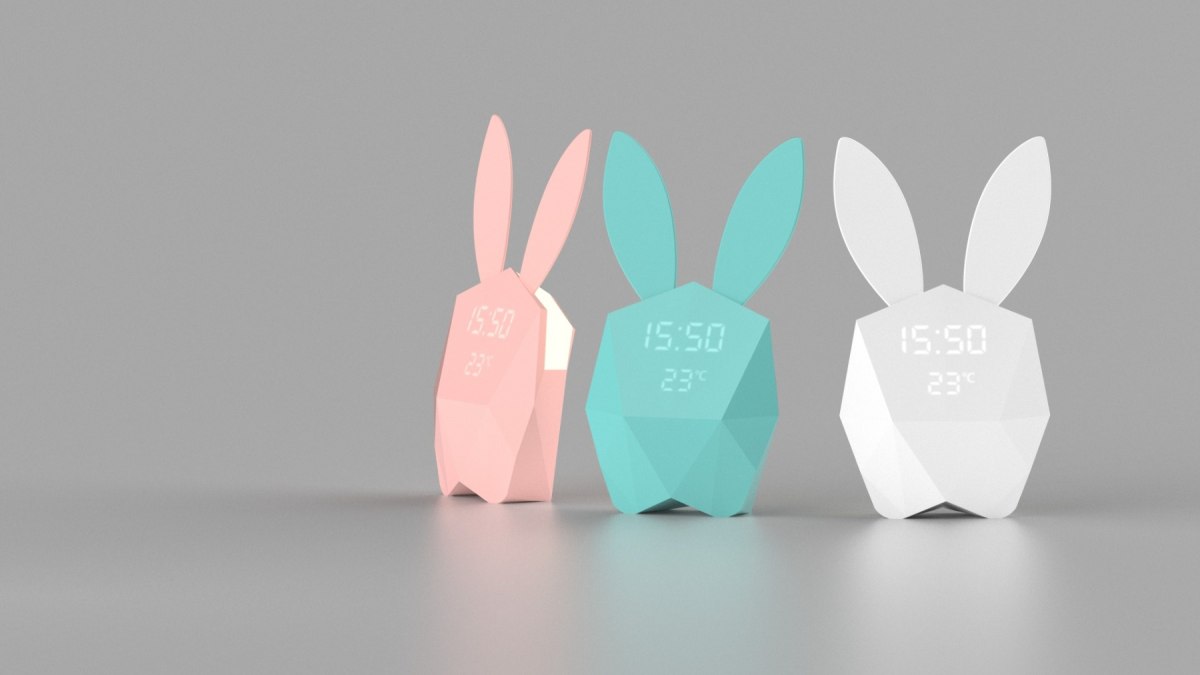 Budzik dla dzieci z lampką nocną w kształcie króliczka w kolorach różowym, miętowym i białym