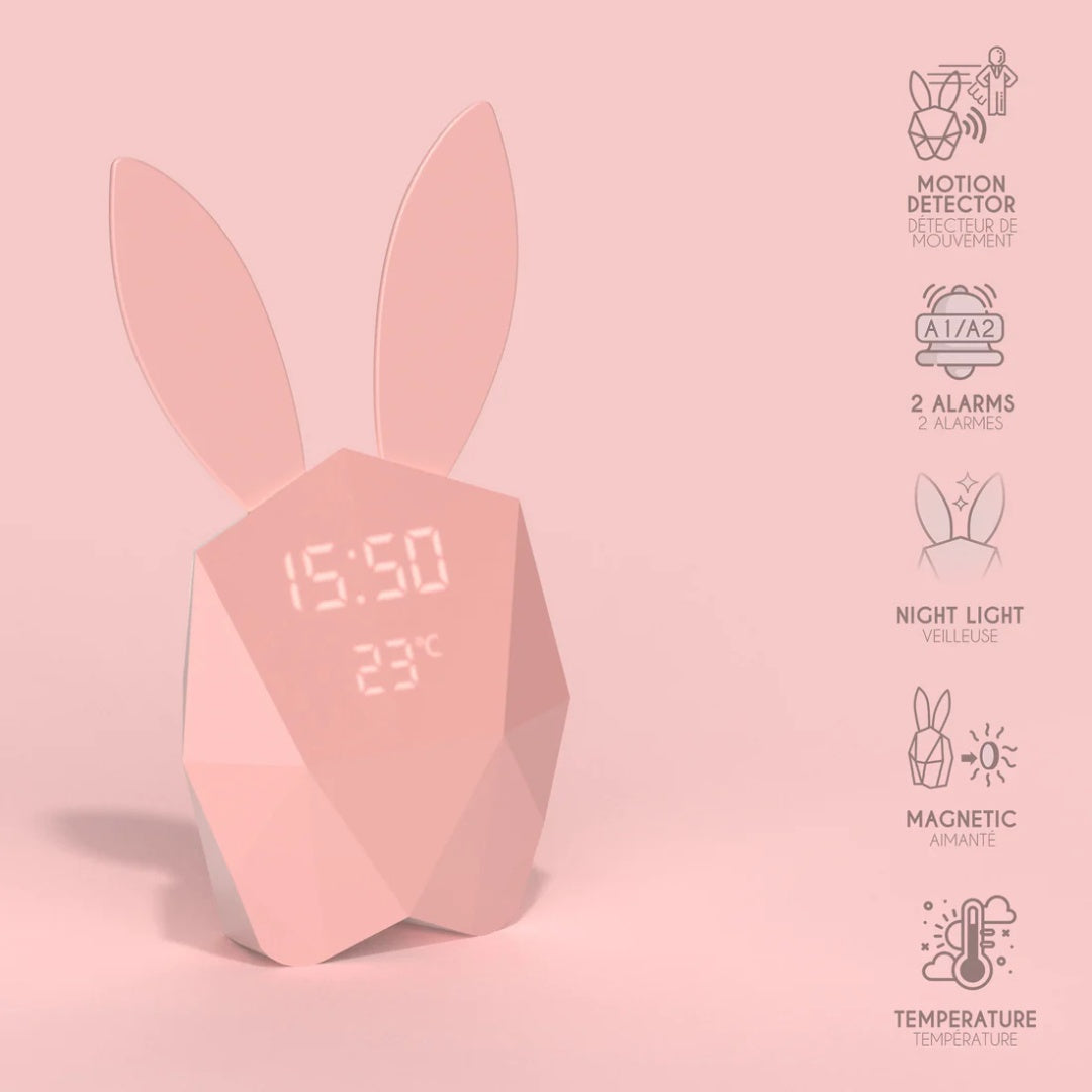 Różowy budzik z lampką dla dzieci w kształcie zająca z wyświetlaczem czasu i temperatury