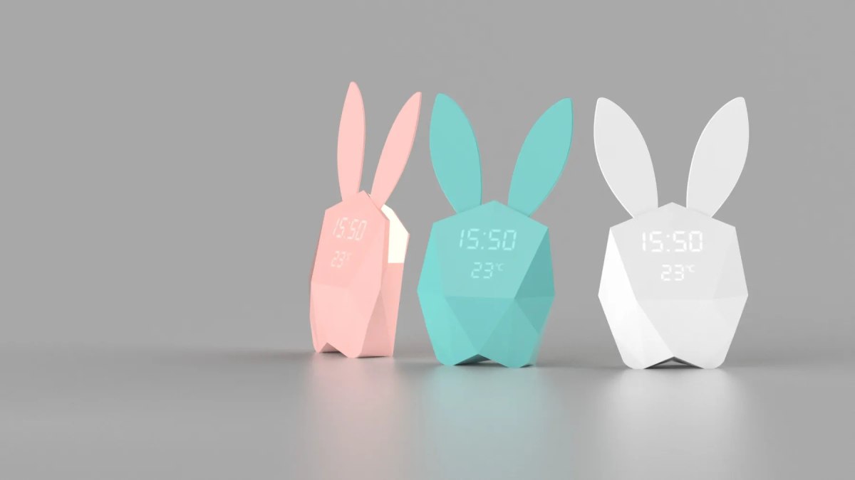 Budzik z lampką dla dzieci w kształcie króliczka w kolorach różowym, miętowym i białym