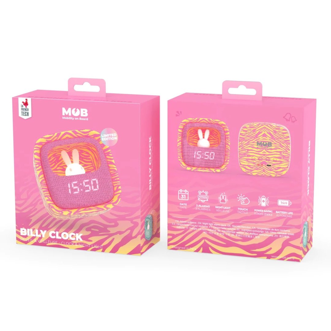 Budzik dla dzieci z lampką MOB Billy Clock w różowo-żółtym wzorze z cyfrowym wyświetlaczem czasu