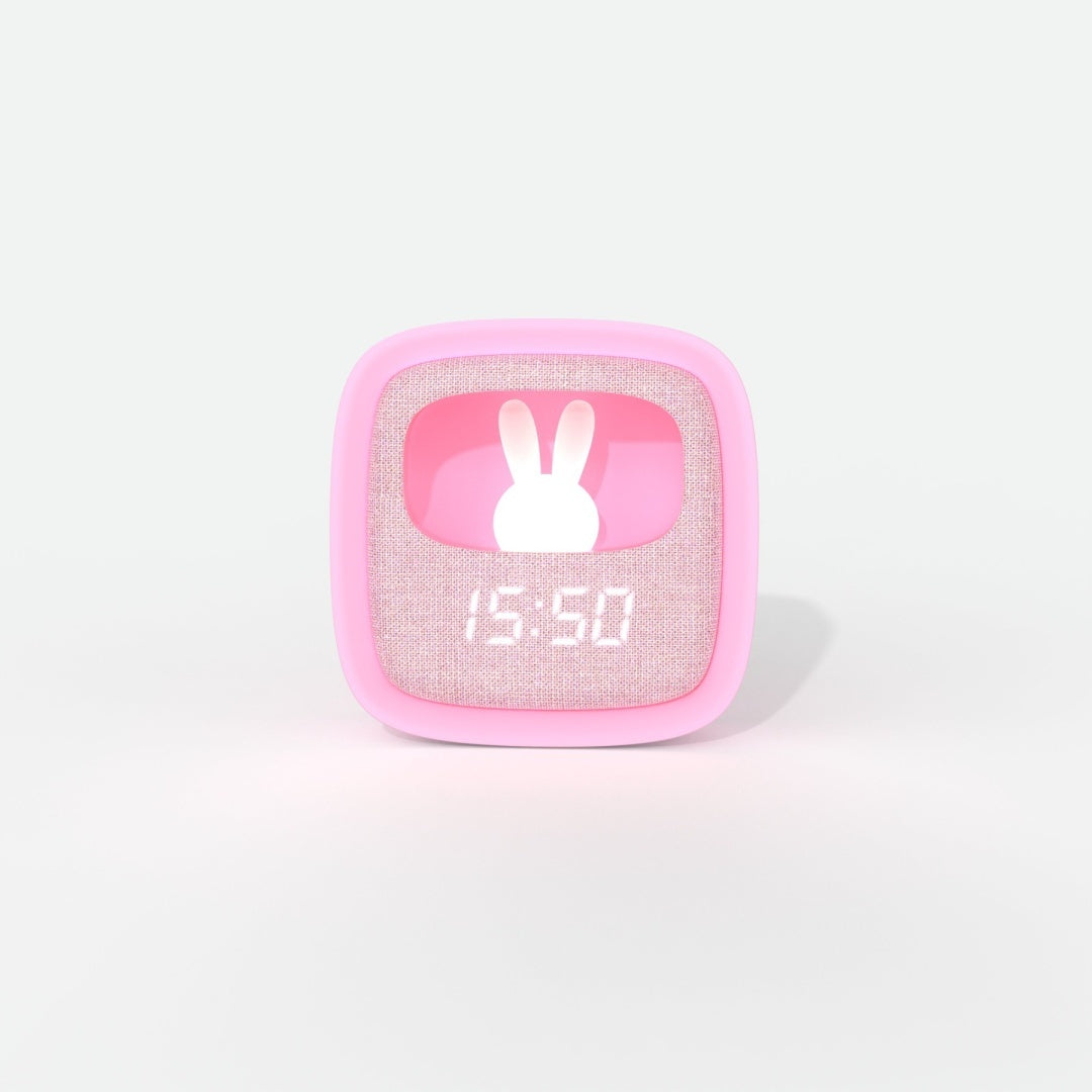 Różowy budzik dla dzieci różowy z cyfrowym wyświetlaczem i dekoracją z królikiem