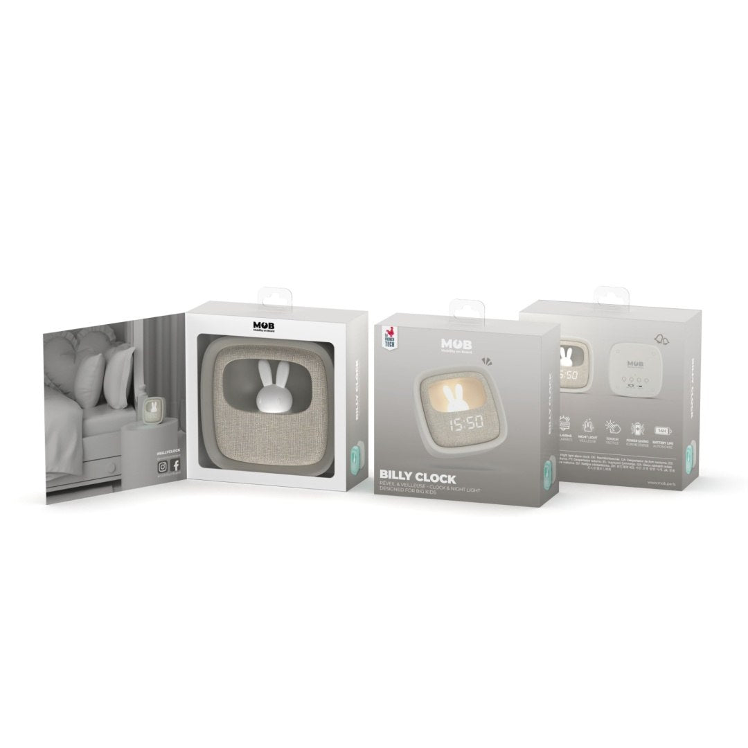 Budzik z lampką dla dzieci WABOBA AB Billy Clock w szarym opakowaniu z cyfrowym wyświetlaczem i lampką