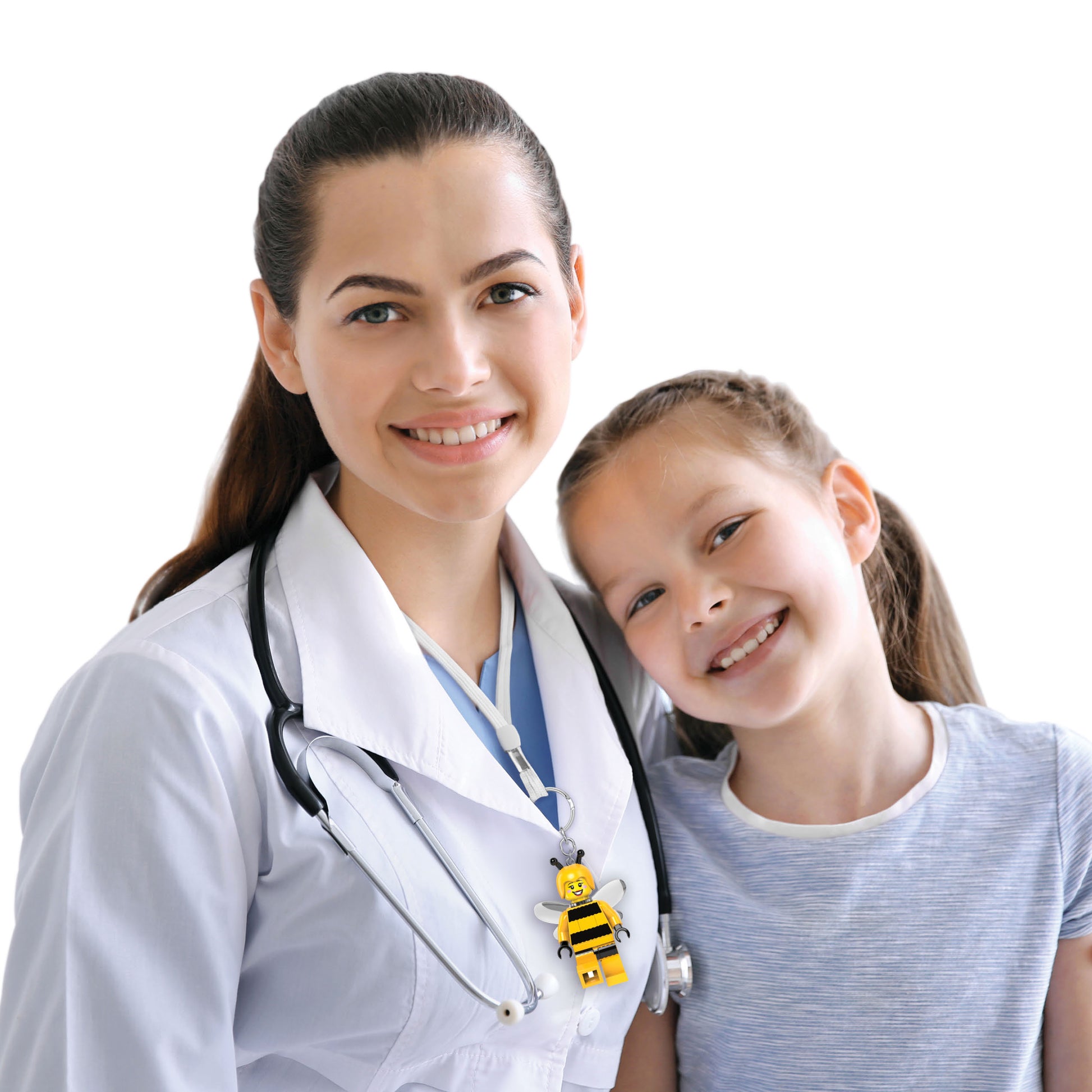 brelok z latarką LEGO Pszczółka na stetoskopie uśmiechniętej lekarki z dziewczynką