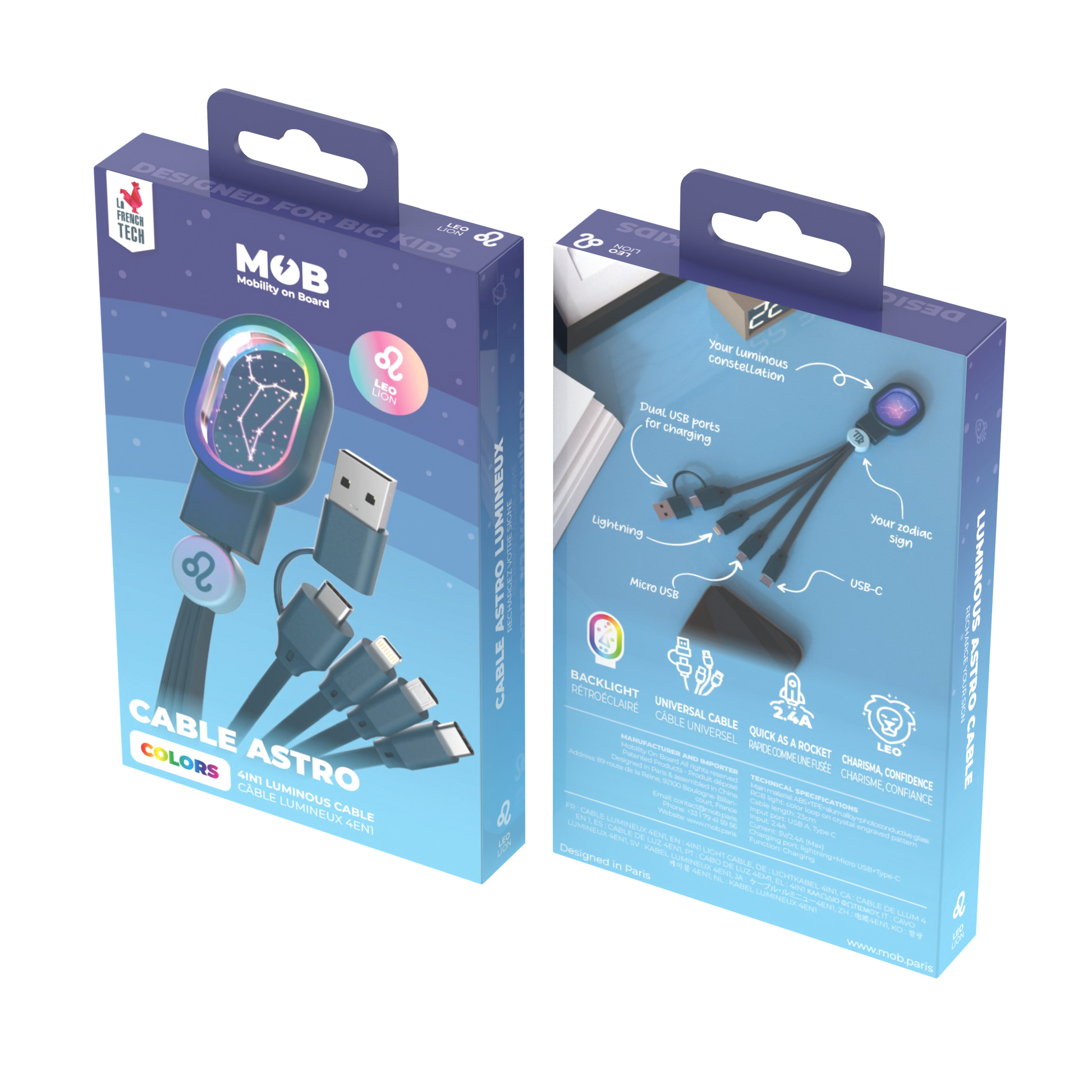 Kabel 5 w 1 Zodiak Strzelec z podświetleniem LED i wieloma złączami USB typu C, Lightning i micro USB