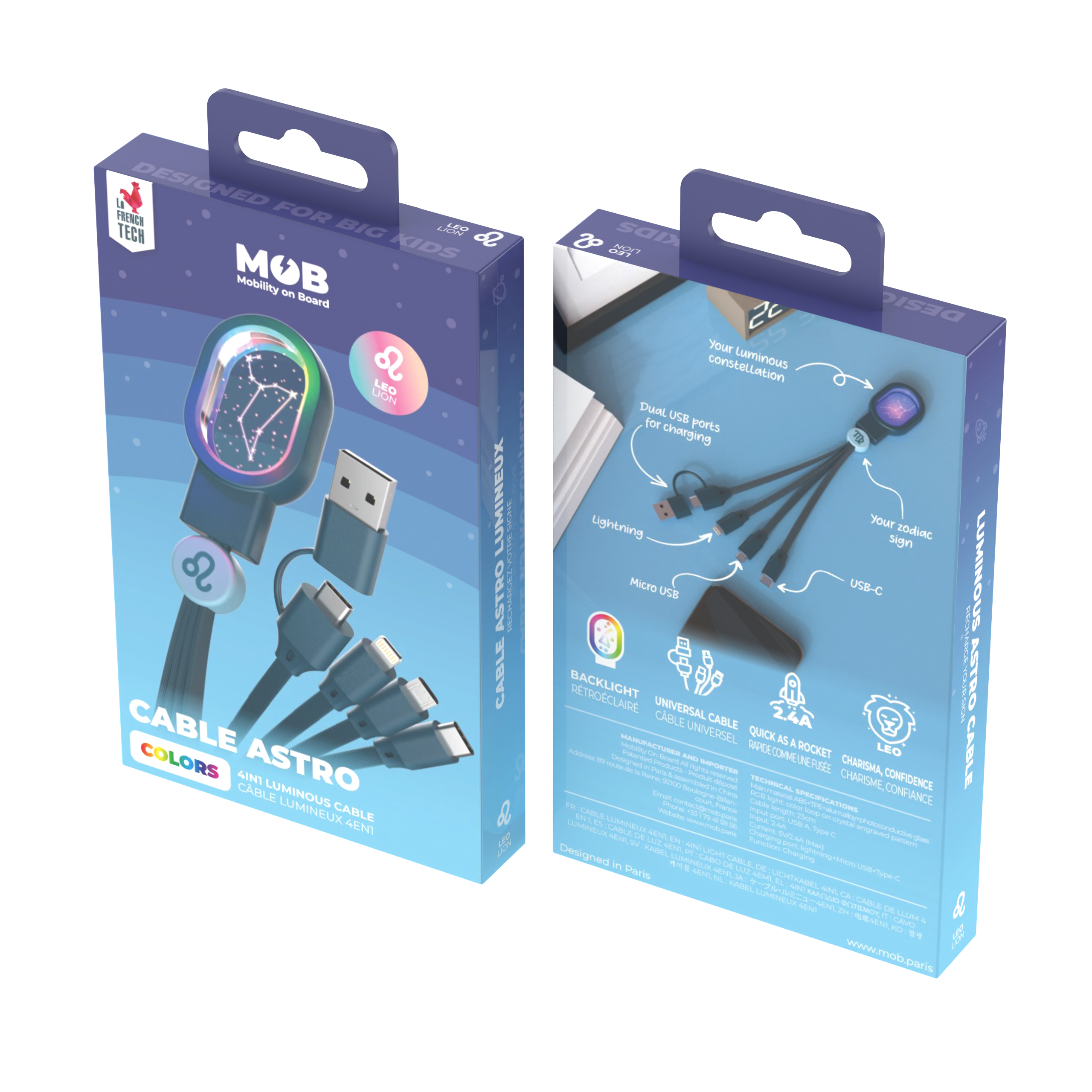 Kabel 5 w 1 Zodiak Strzelec z podświetleniem LED i wieloma złączami USB typu C, Lightning i micro USB