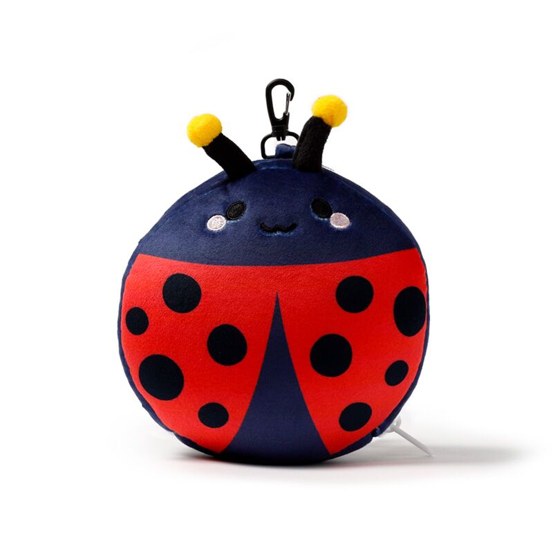 Pluszowa poduszka podróżna biedronka w kształcie czerwonej biedronki z czarnymi kropkami i żółtymi czułkami