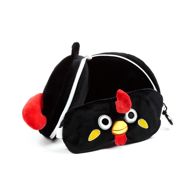Pluszowa poduszka podróżna dla dzieci w kształcie czarnego kurczaka z czerwonymi i żółtymi detalami