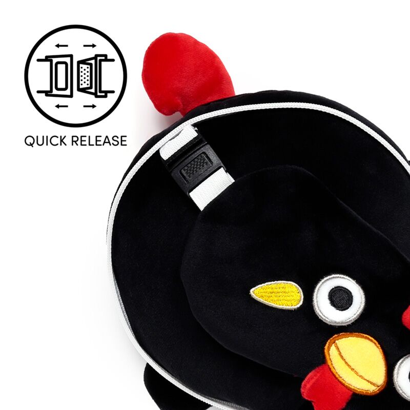 Pluszowa poduszka podróżna dla dzieci w kształcie czarnego kurczaka z czerwonymi detalami i szybkim zapięciem