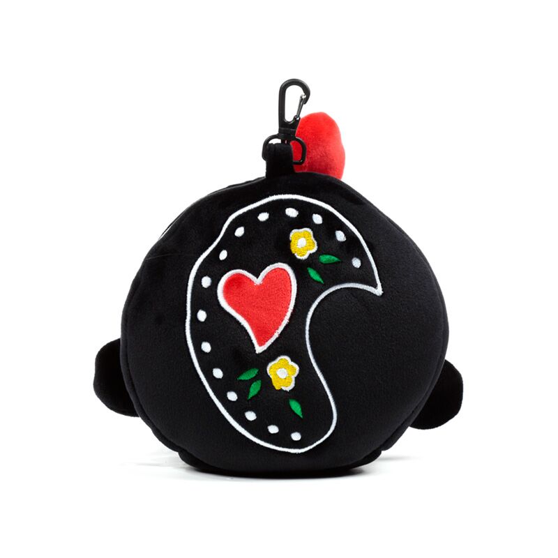 Czarna pluszowa poduszka podróżna dla dzieci z czerwonym sercem i kwiatowym wzorem
