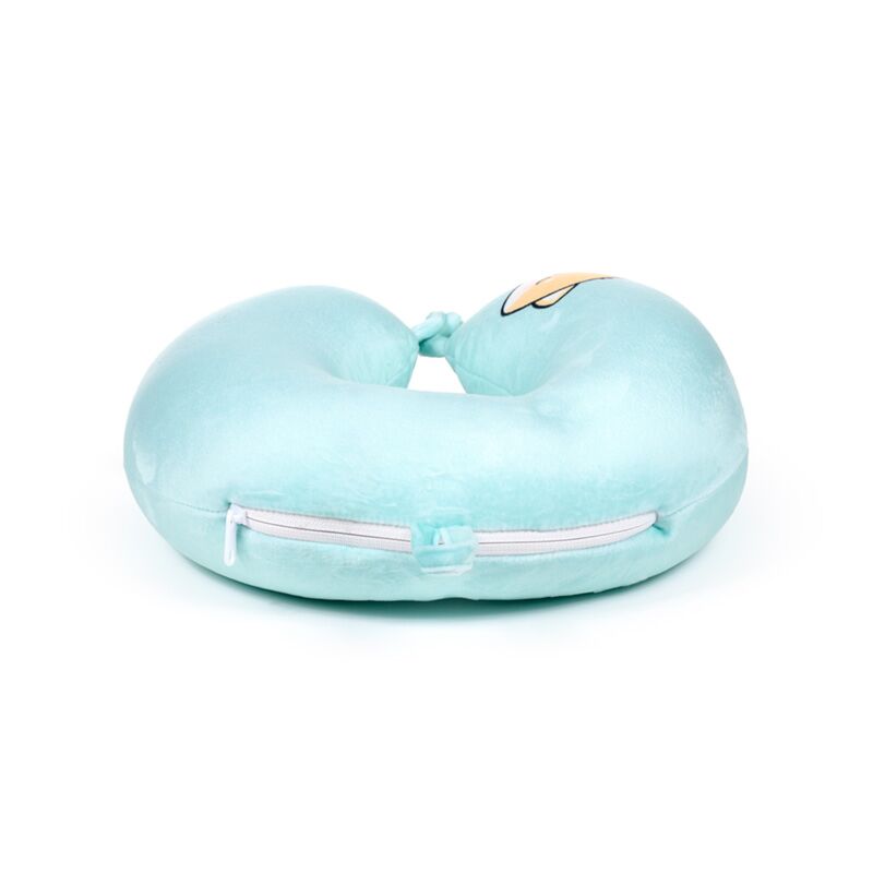 Miękka niebieska poduszka podróżna dla dzieci shiba inu z zamkiem na białym tle