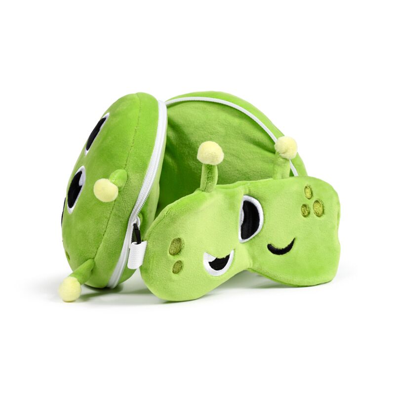 Zielona poduszka podróżna dla dzieci z maską na oczy w kształcie uśmiechniętego robaczka