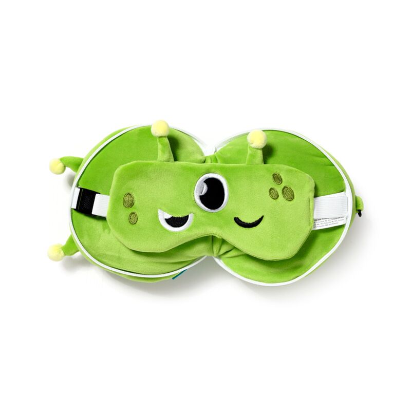 Zielona poduszka podróżna dla dzieci z maską na oczy w kształcie zabawnego stworka