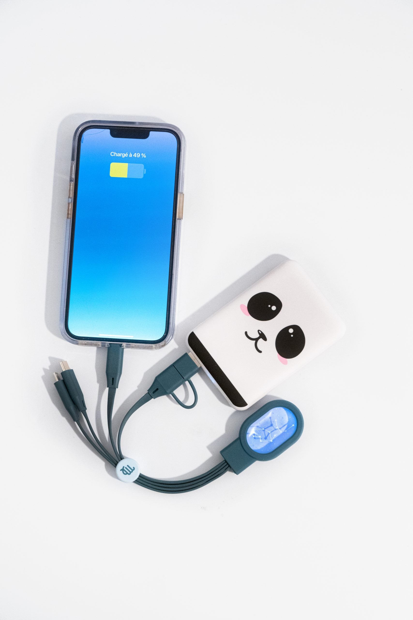 Kabel 5 w 1 do ładowania podłączony do telefonu i powerbanku z nadrukiem panda