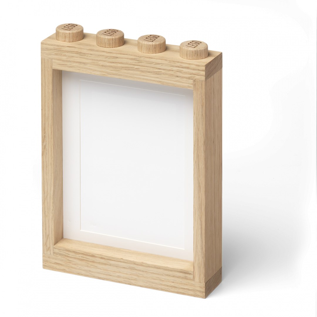 drewniana ramka LEGO na zdjęcia w naturalnym kolorze z czterema wypustkami do zabawy i dekoracji