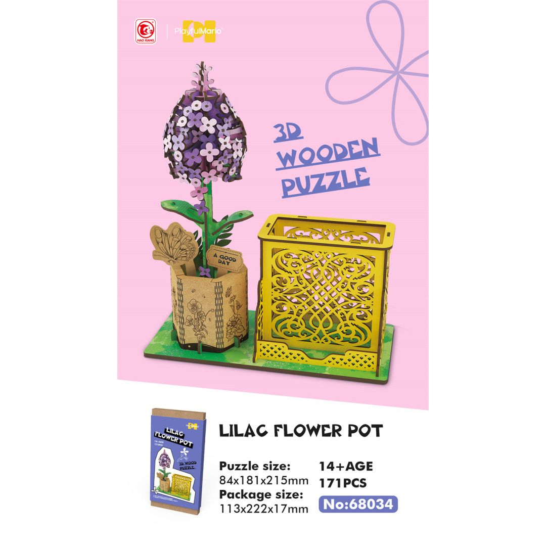 drewniane puzzle 3D lilak kwiat w doniczce z ozdobnym pudełkiem na różowym tle