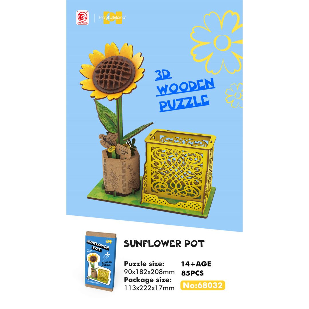 Drewniane puzzle 3D słonecznik w doniczce do składania z 85 elementów od BV JACOB COMPANY
