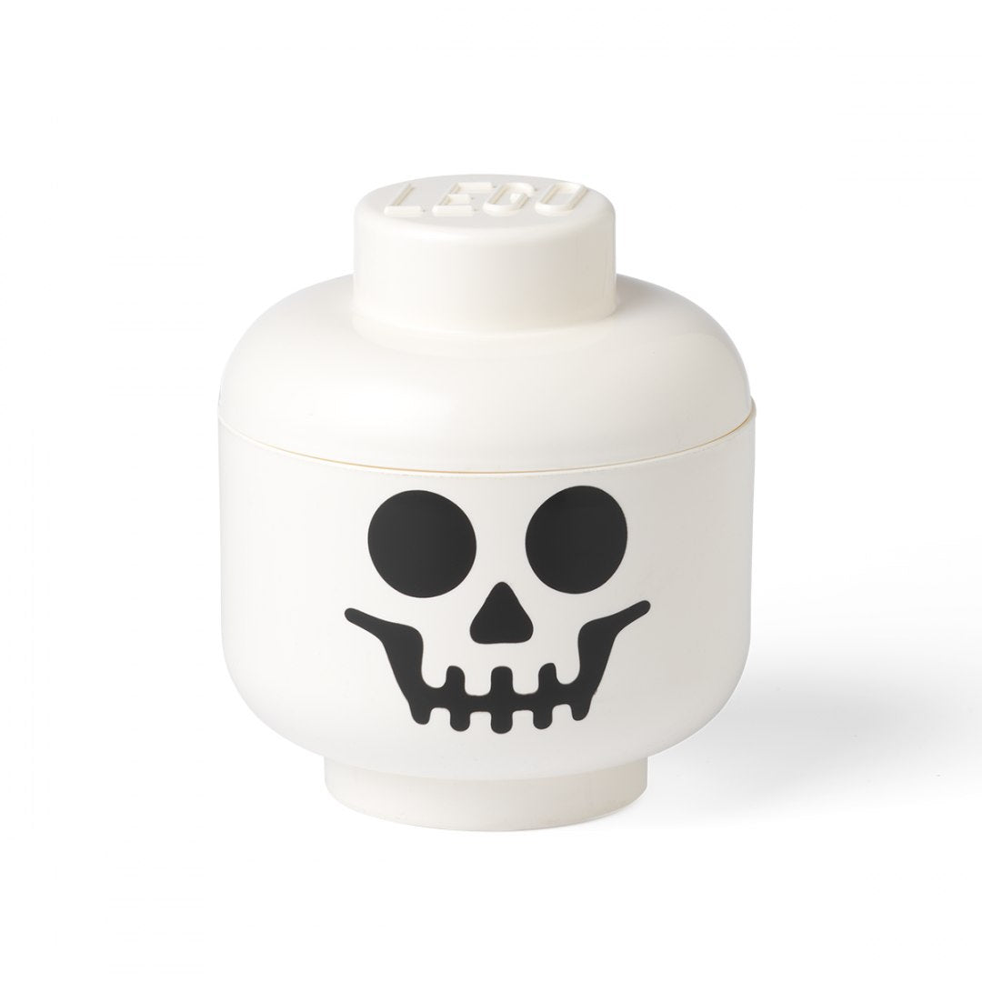 biały pojemnik LEGO głowa szkieletor z nadrukiem czaszki na białym tle
