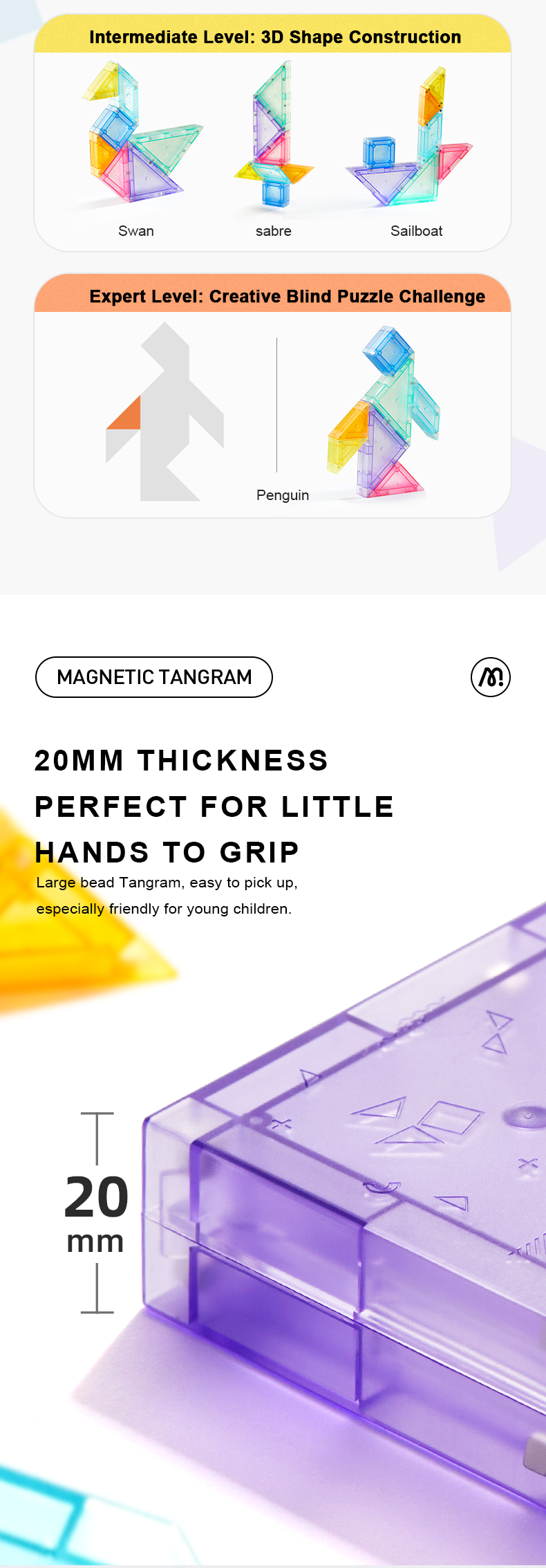 Magnetyczny tangram 3D Yamann z przezroczystym fioletowym pudełkiem o grubości 20 mm