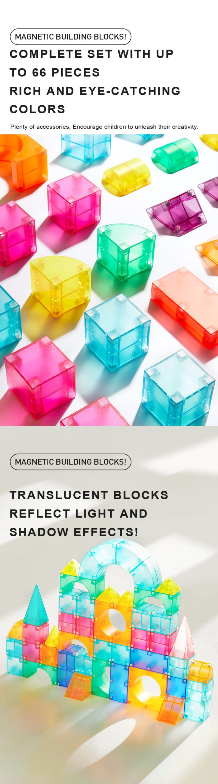 Klocki magnetyczne 3D w jaskrawych kolorach, przezroczyste bloki odbijające światło i tworzące ciekawe cienie