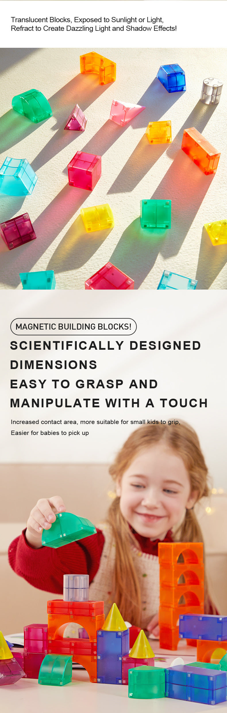 Kolorowe klocki magnetyczne 3D o przezroczystej strukturze układane przez dziecko