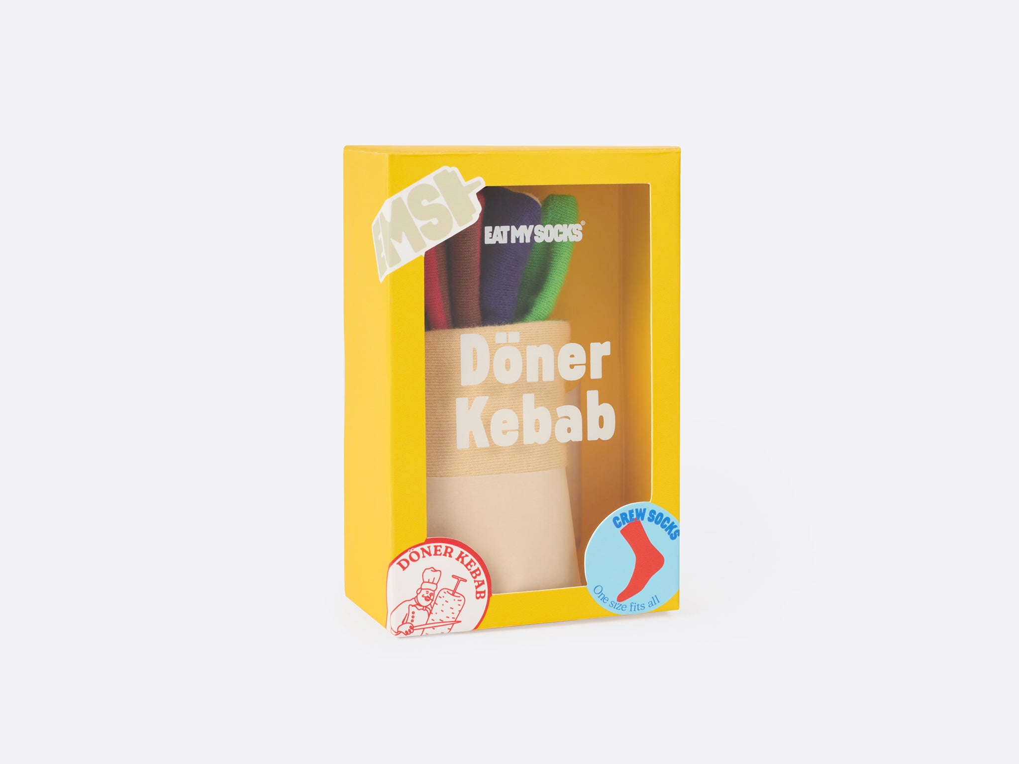 Opakowanie ze skarpetkami Döner Kebab od WABOBA AB z kolorowymi wzorami