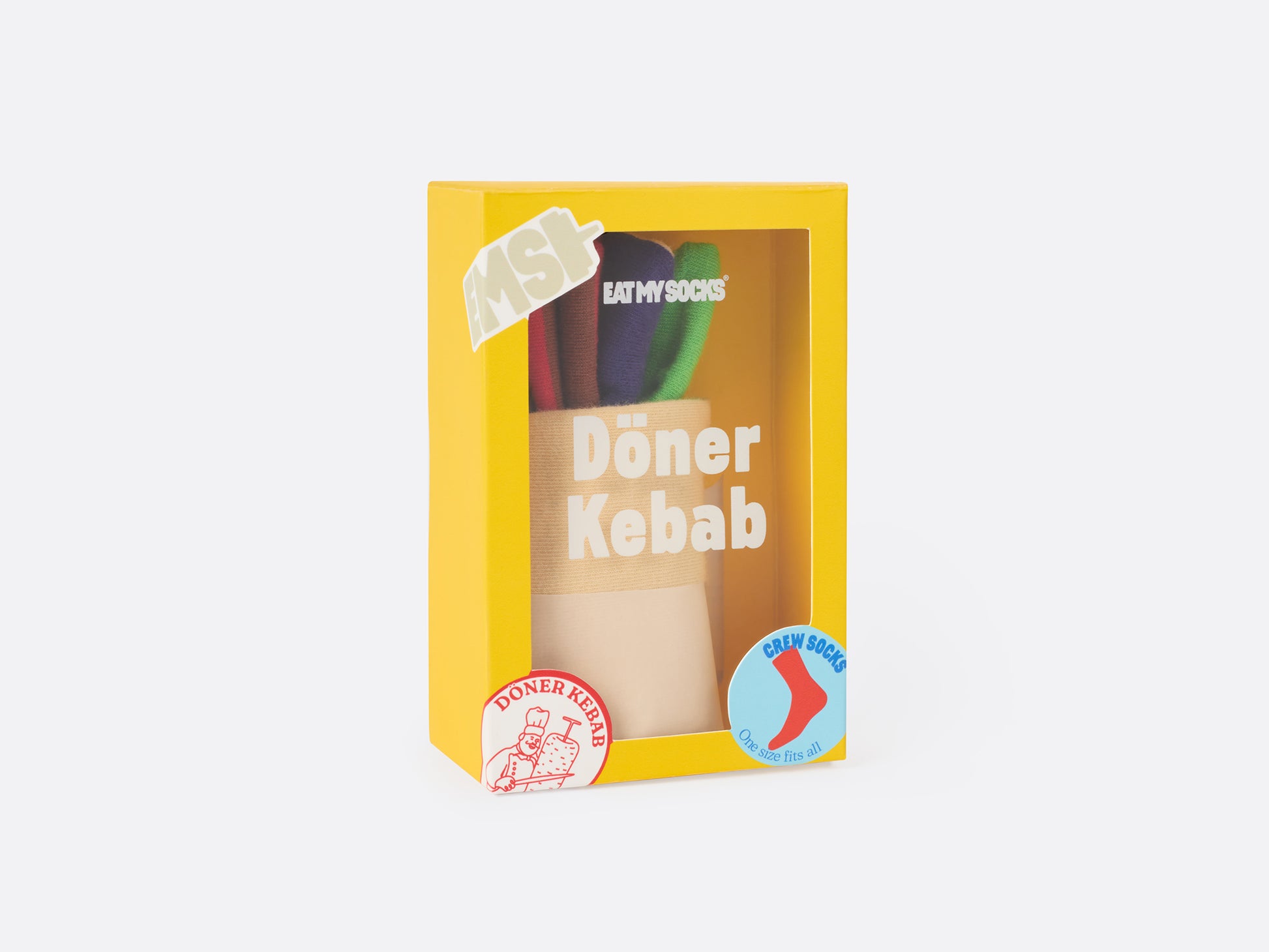 Opakowanie ze skarpetkami Döner Kebab od WABOBA AB z kolorowymi wzorami