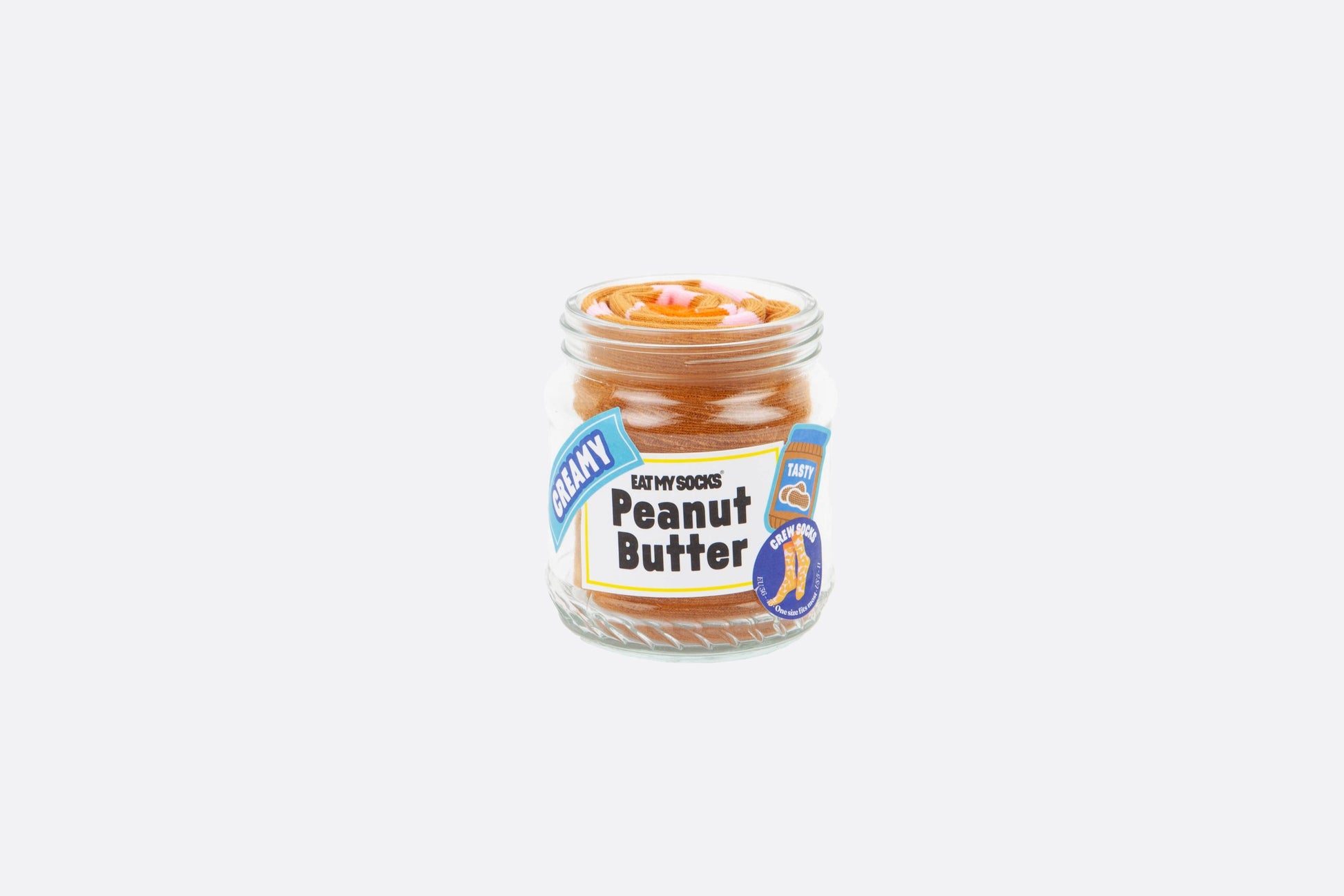 Słoik skarpetek peanut butter marki EMS w kształcie masła orzechowego z etykietą