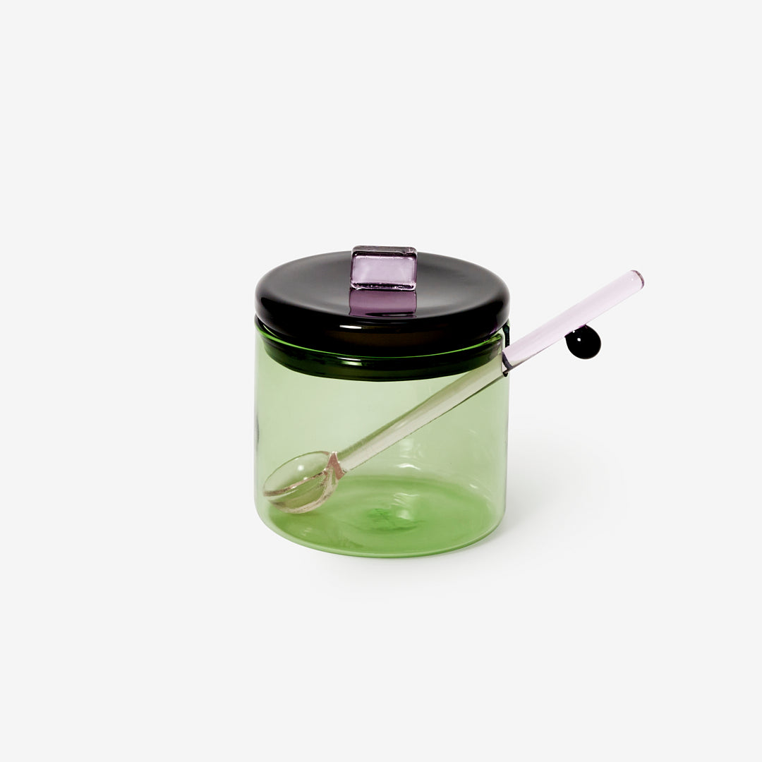 Przezroczysta zielona miseczka na cukier Areaware z czarną pokrywką i szklaną łyżeczką