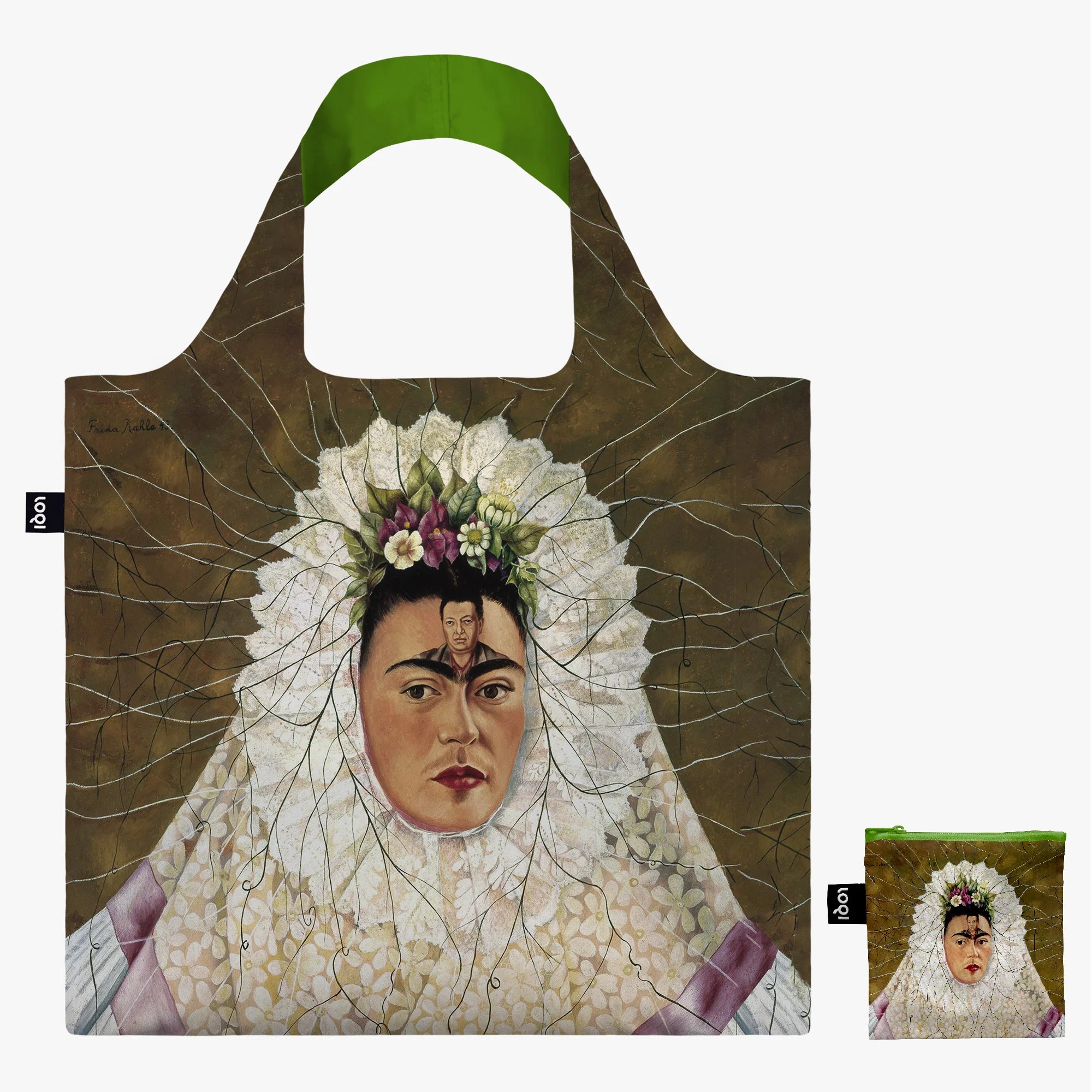 Torba Frida Kahlo LOQI z nadrukiem portretu Fridy Kahlo w białej koronkowej sukni i kwiatowej opasce
