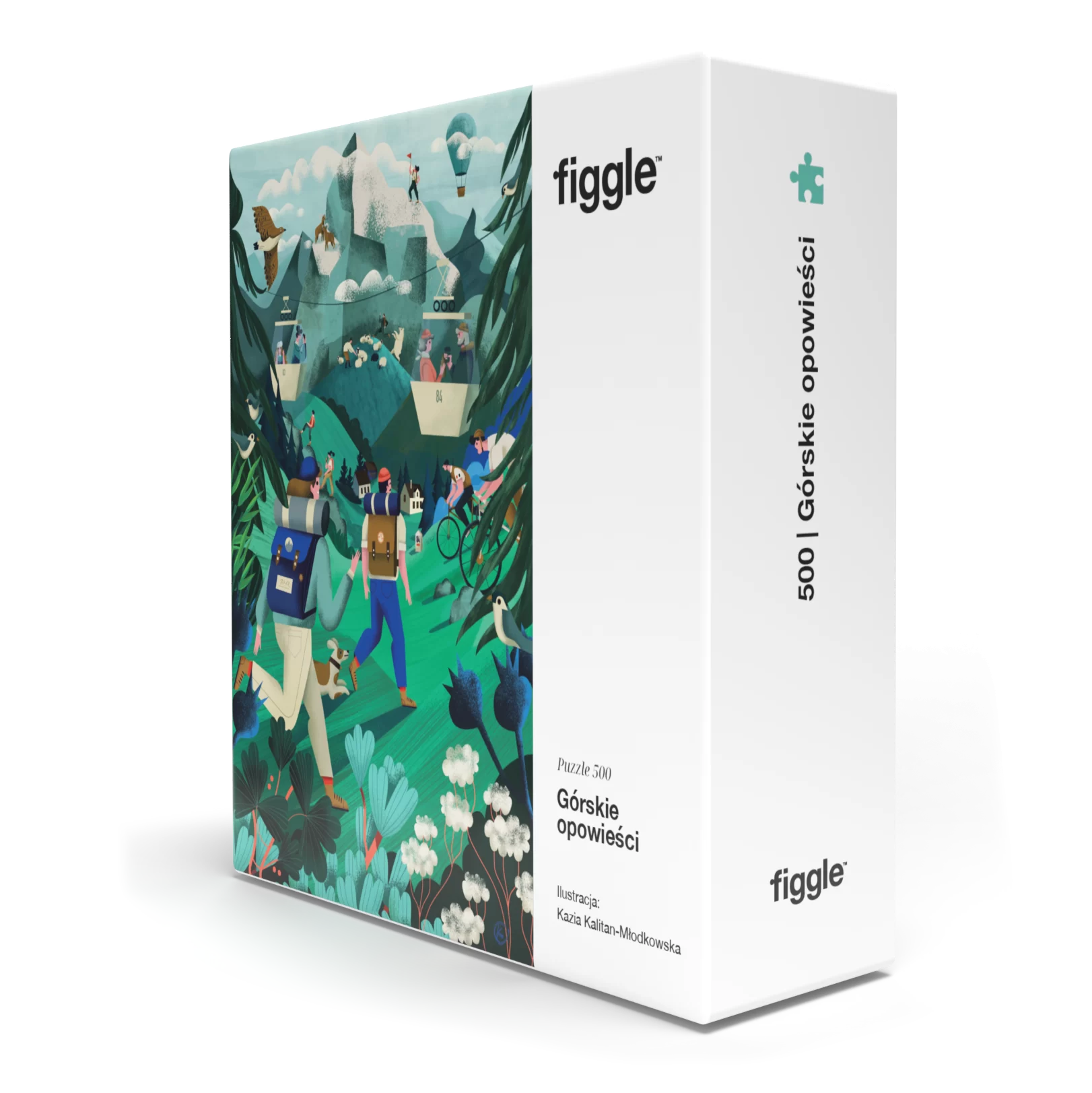 Puzzle 500 elementów górskie opowieści od Figgle z ilustracją górskiej wędrówki i przyrody