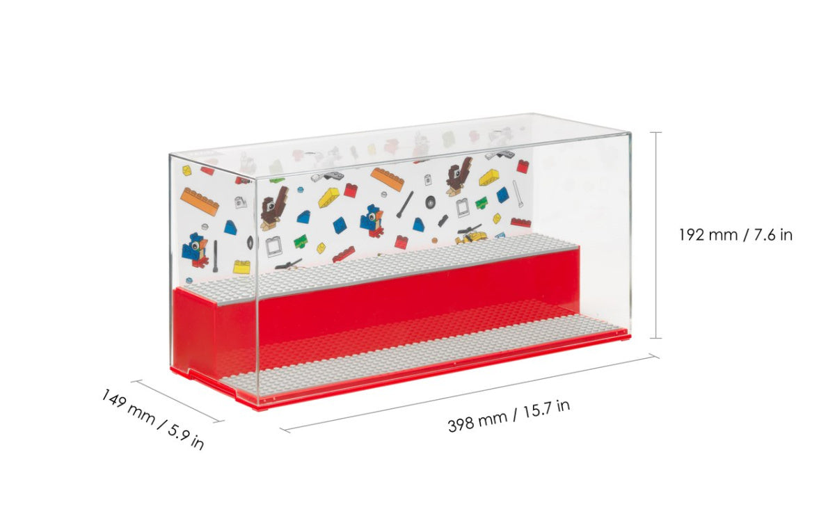 Gablotka na LEGO czerwona od BV JACOB COMPANY transparentna z kolorowym wzorem i podstawą