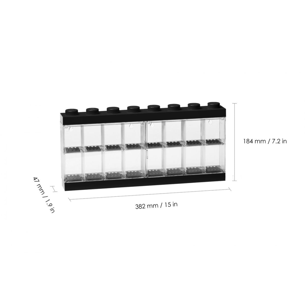 Przezroczysta gablotka na minifigurki LEGO z czarną ramką i 16 przegródkami do ekspozycji