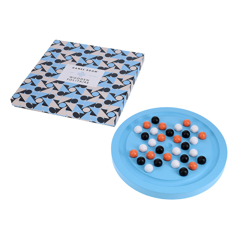 Pasjans drewniany z kolorowymi kulkami na niebieskiej planszy do gry od BV JACOB COMPANY