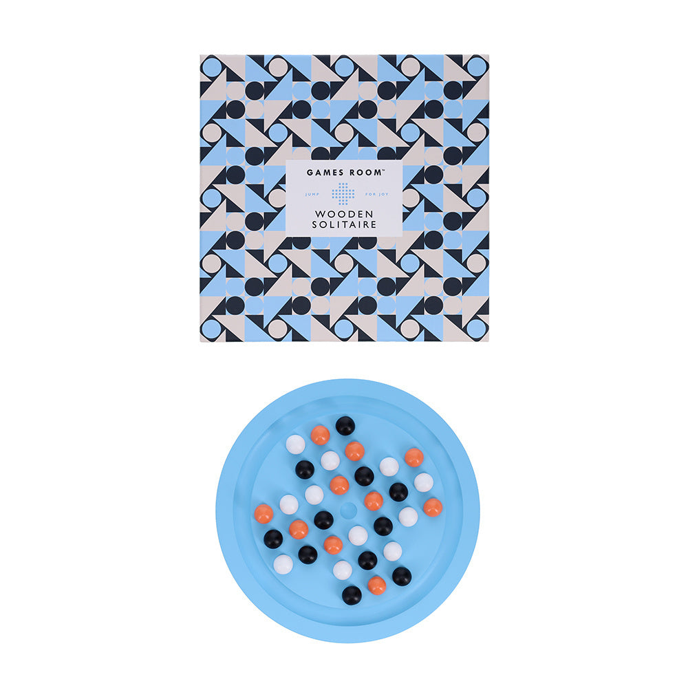 Pasjans drewniany w niebieskim okrągłym pudełku z kolorowymi kulkami BV JACOB COMPANY