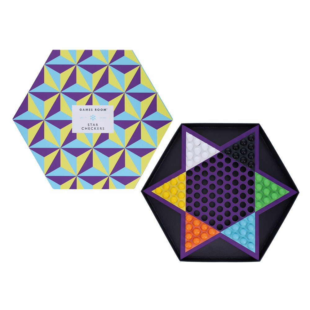 Kolorowa gra warcaby gwiezdne w sześciokątnym pudełku z wielokolorowymi pionkami BV JACOB COMPANY