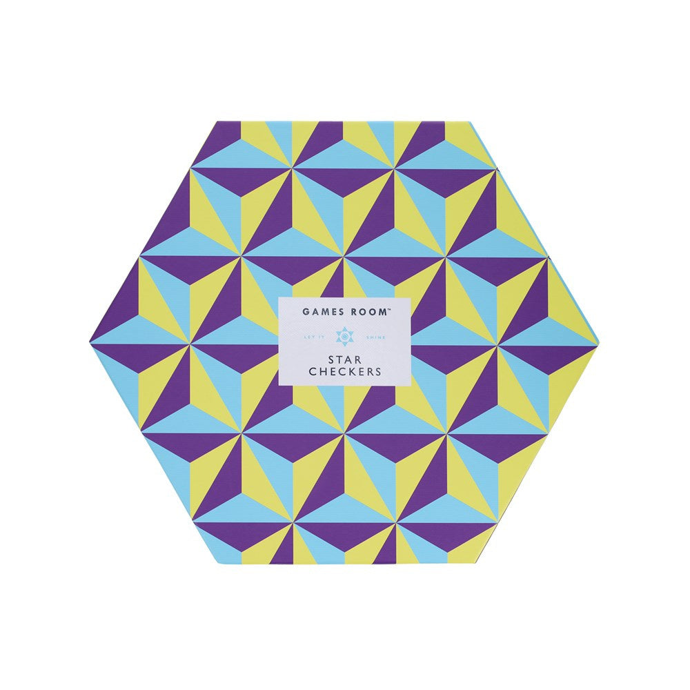 Kolorowe opakowanie gra warcaby gwiezdne z geometrycznym wzorem i napisem Games Room Star Checkers