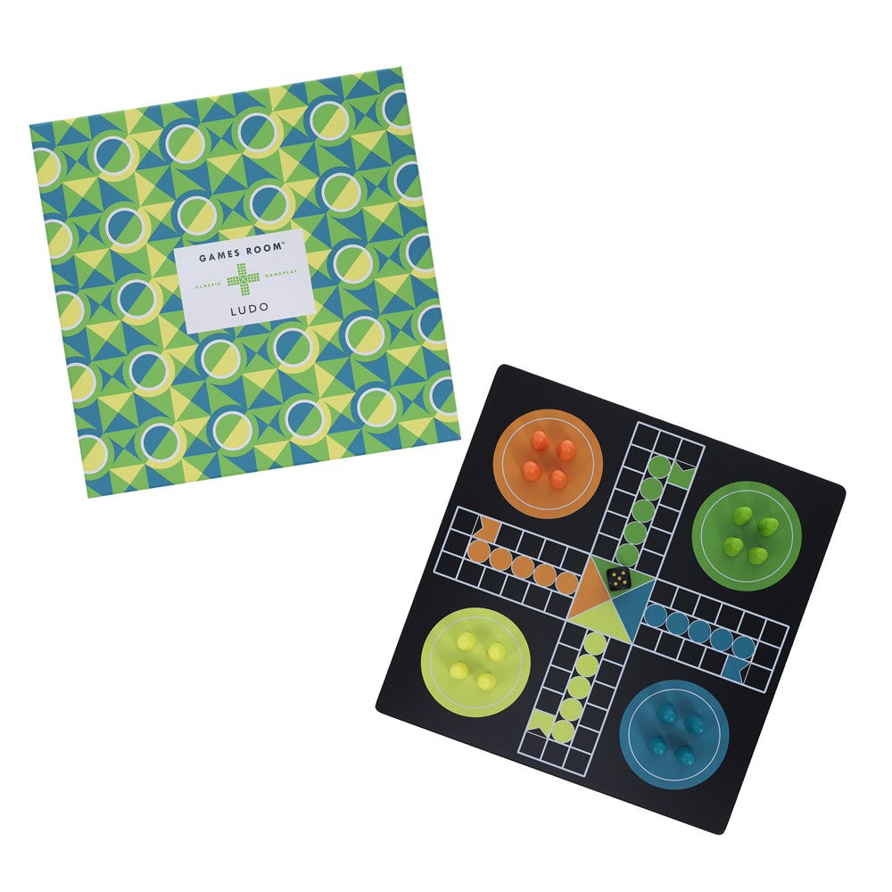Gra planszowa ludo z kolorowymi pionkami i planszą w stylu geometrycznym od BV JACOB COMPANY
