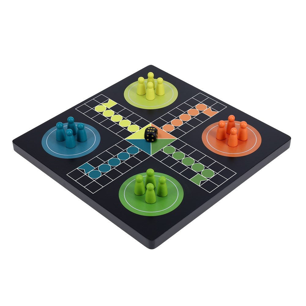 Gra planszowa ludo BV JACOB COMPANY z kolorowymi pionkami i kostką na czarnej planszy