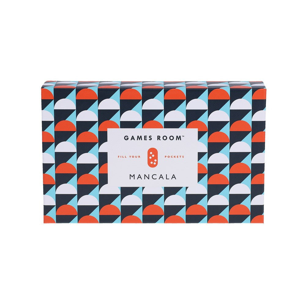Kolorowe opakowanie gry mancala od BV JACOB COMPANY z geometrycznym wzorem i logo Games Room